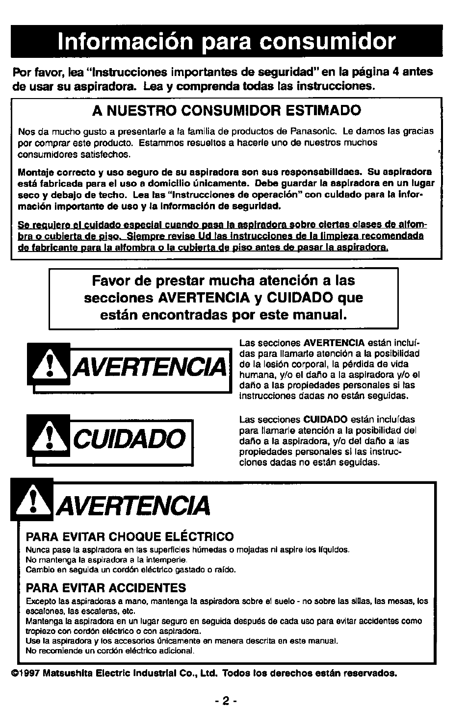 Avertencia, Cuidado, Información para consumidor | Panasonic MC-V5710 User Manual | Page 22 / 40