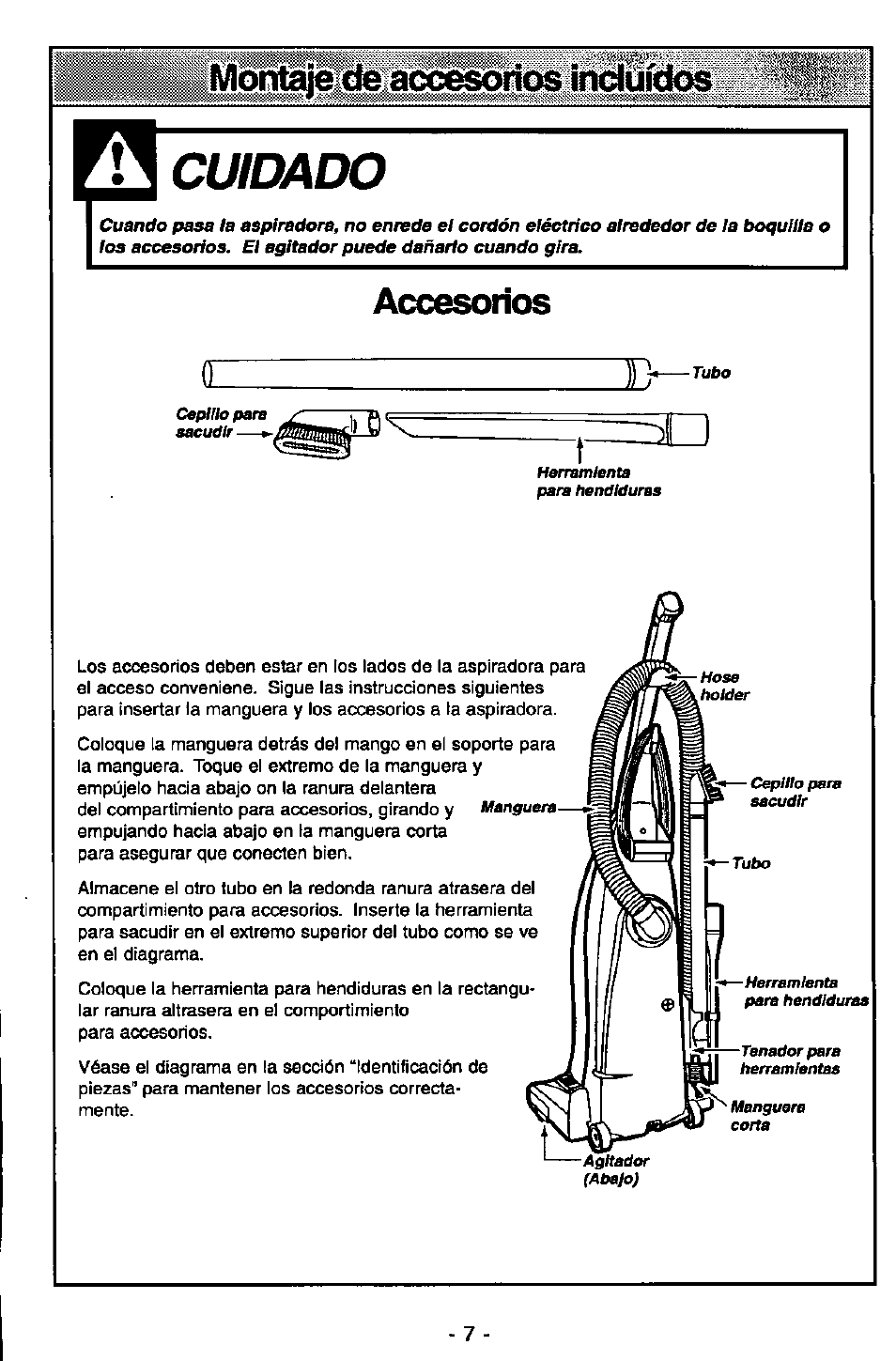 Montaje de accesorios indüídos, Cuidado, Accesorios | Montaje de accesorios incluidos, Accesorios б | Panasonic MC-V5710 User Manual | Page 27 / 40