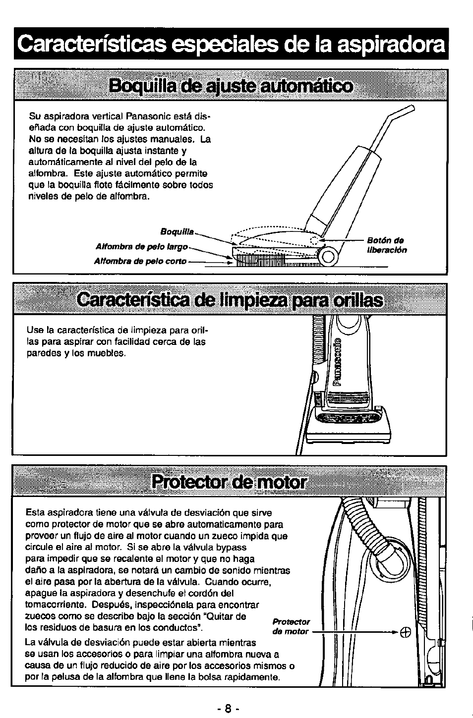 Boquilla de ajuste automático, Irraitectori.detnfotoi, Características especiales de la aspiradora | Panasonic MC-V5710 User Manual | Page 28 / 40