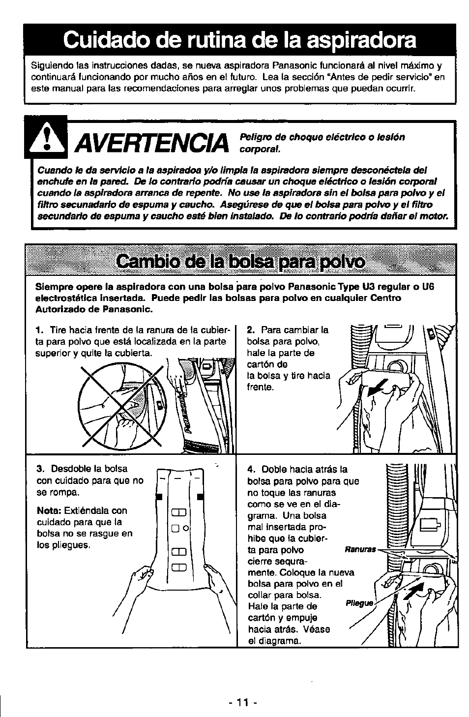 Avertencia, Cambio de la bd, Cambio de la bombilla | Cuidado de rutina de la aspiradora | Panasonic MC-V5710 User Manual | Page 31 / 40