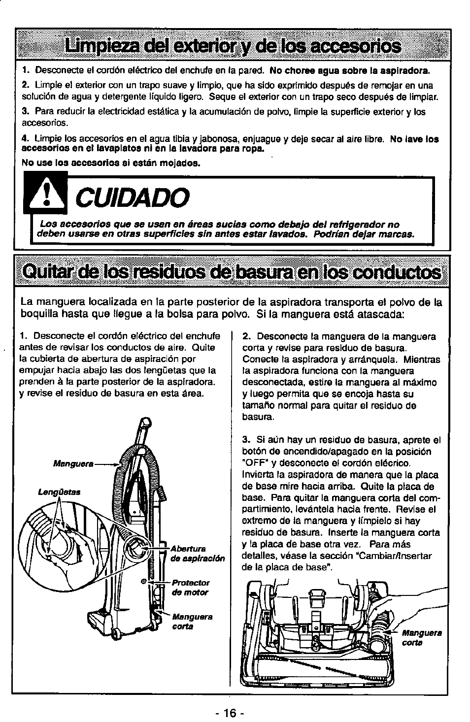 Accesonos, Cuidado, Lios conduele | Panasonic MC-V5710 User Manual | Page 36 / 40