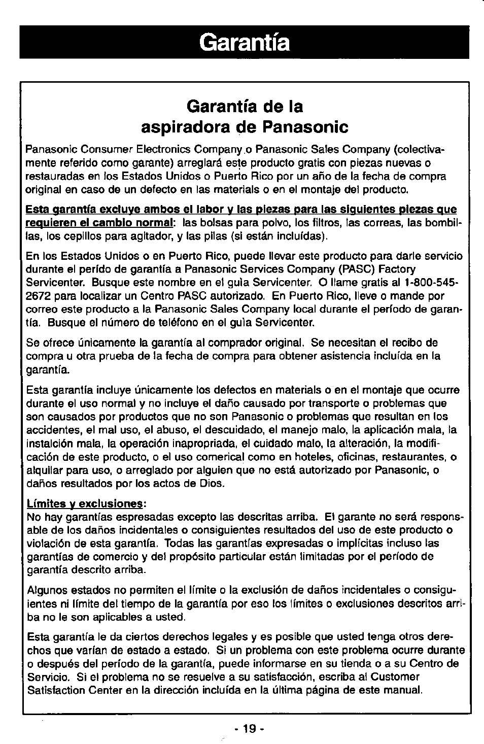 Garantía, Garantía de la aspiradora de panasonic | Panasonic MC-V5710 User Manual | Page 39 / 40