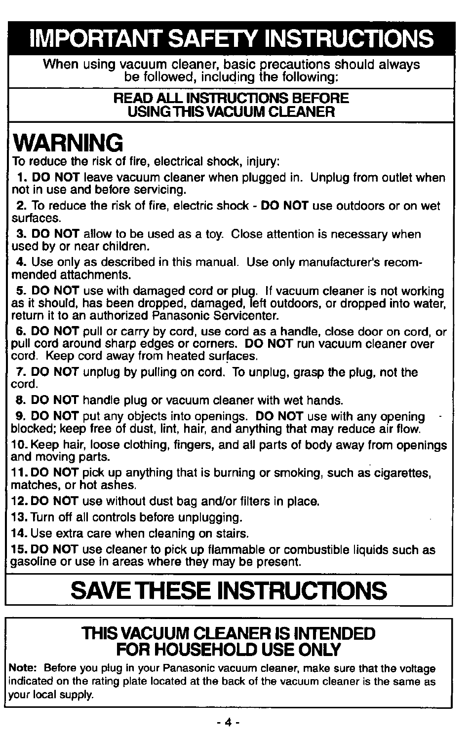 Important safety instructions, Warning, Save these instructions | Panasonic MC-V5710 User Manual | Page 4 / 40