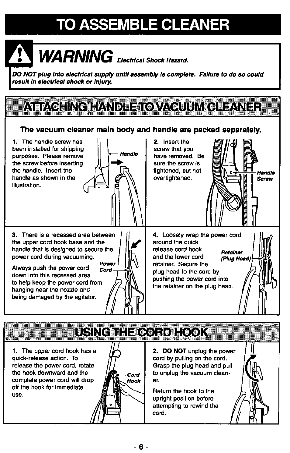 To assemble cleaner, Warning, Attaching handlèto vacuum cmeanèr | Attaching handle to vacuum cleaner, Usingthe cord hook | Panasonic MC-V5710 User Manual | Page 6 / 40