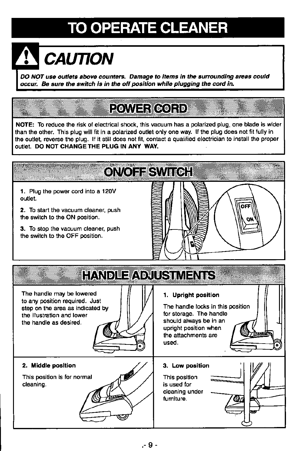 To operate cleaner, Caution, Iliivlillord | Handle adj ustments | Panasonic MC-V5710 User Manual | Page 9 / 40