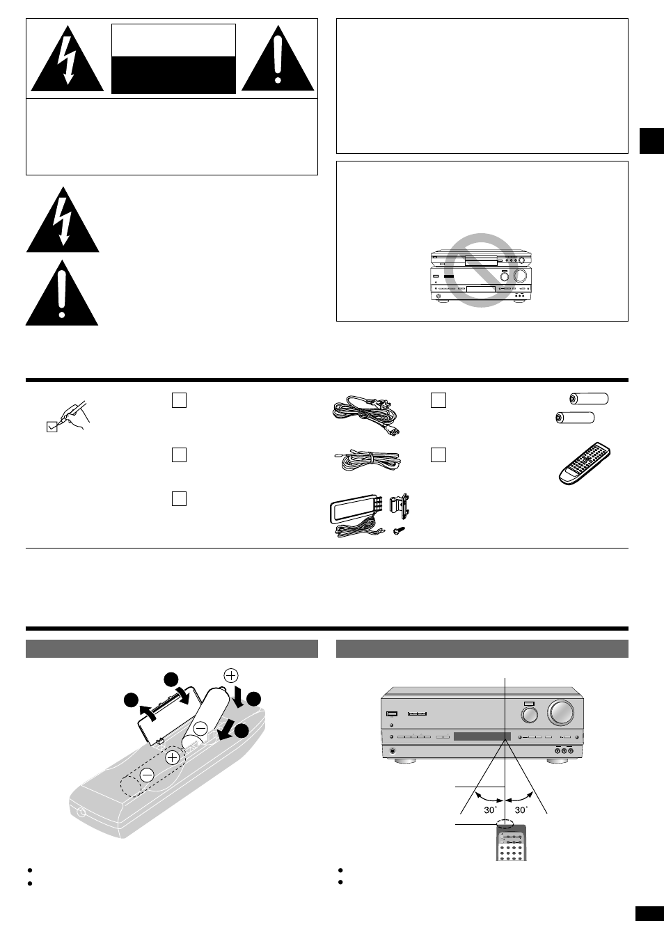 Supplied accessories, The remote control, Caution | Warning, Batteries, Before use, Risk of electric shock do not open, Remote control signal sensor transmission window, 7 meters (23 feet), Direct tuning/ disc enter | Panasonic SA-HE75  EN User Manual | Page 3 / 20