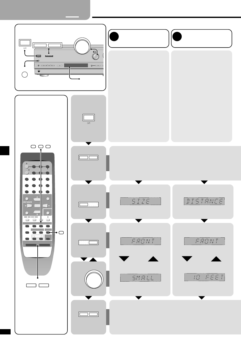 Step 3 - settings, Step, Settings | Size, Distance, Enter the setting mode, Select. select the speaker. change the setting, Step 3 | Panasonic SA-HE75  EN User Manual | Page 8 / 20