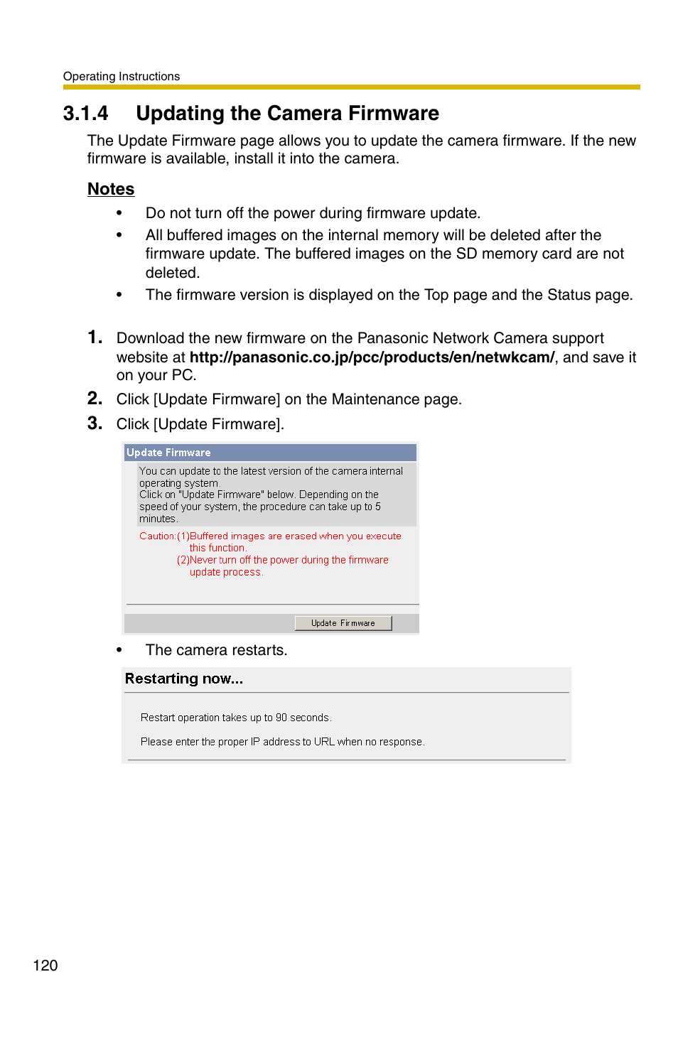 4 updating the camera firmware, Ge 120 | Panasonic BB-HCM371A User Manual | Page 120 / 160