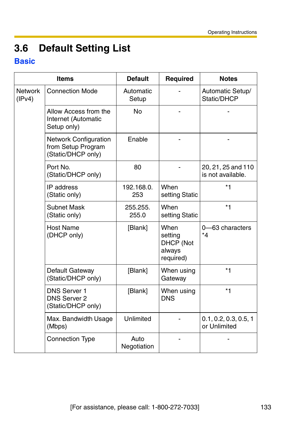 6 default setting list, 133—pa, Basic | Panasonic BB-HCM371A User Manual | Page 133 / 160