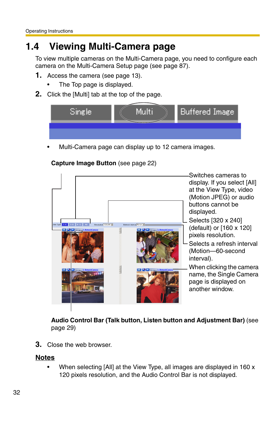 E 32, 4 viewing multi-camera page | Panasonic BB-HCM371A User Manual | Page 32 / 160