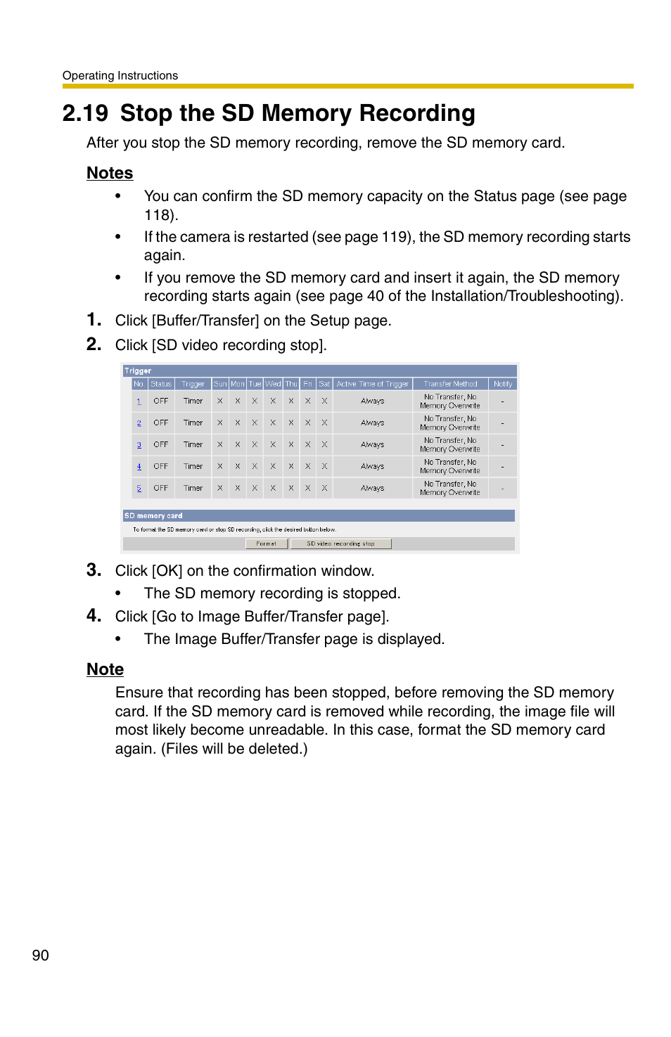 19 stop the sd memory recording | Panasonic BB-HCM371A User Manual | Page 90 / 160