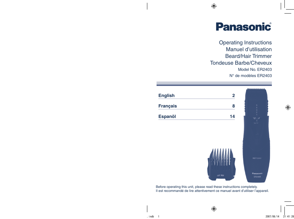 Panasonic ER2403 User Manual | 20 pages