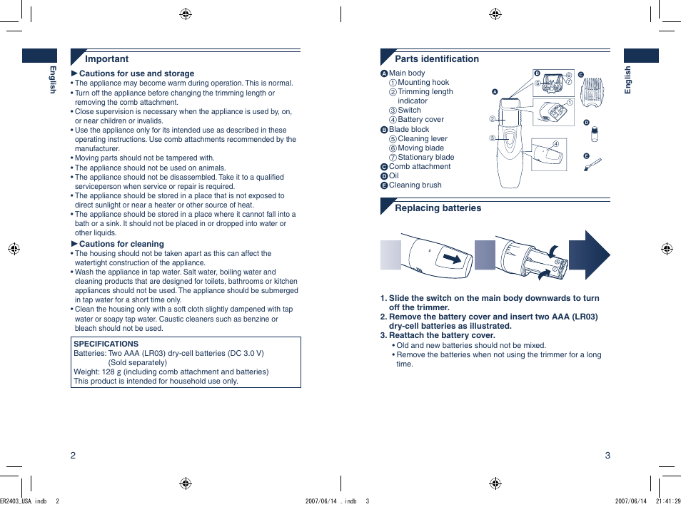 English | Panasonic ER2403 User Manual | Page 2 / 20