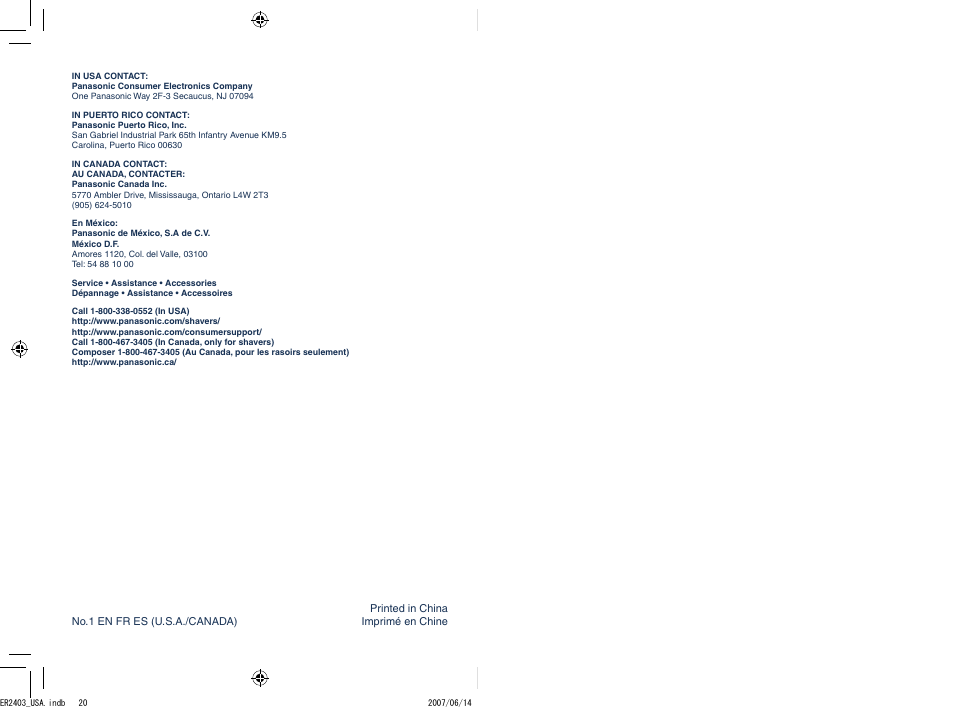 Panasonic ER2403 User Manual | Page 20 / 20