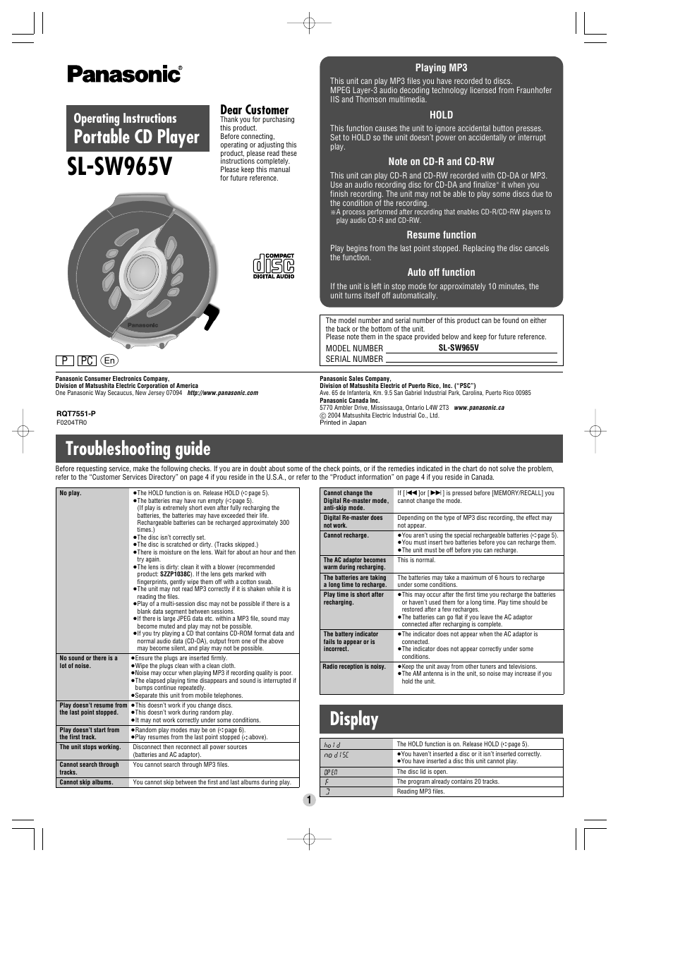 Panasonic SL-SW965V User Manual | 8 pages