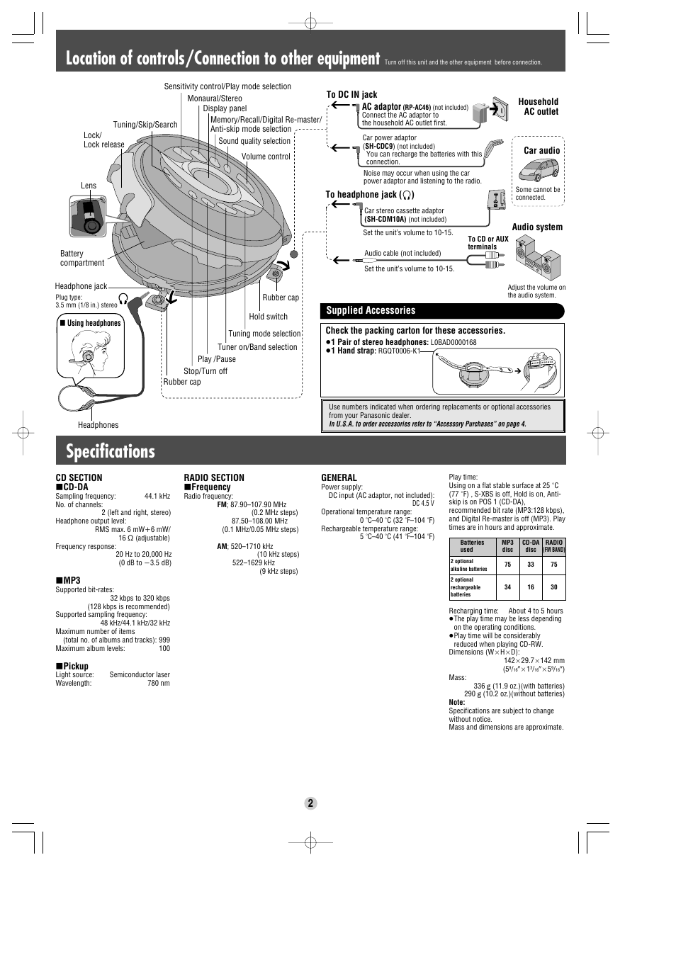 Location of controls/connection to other equipment, Specifications, Supplied accessories | Panasonic SL-SW965V User Manual | Page 2 / 8