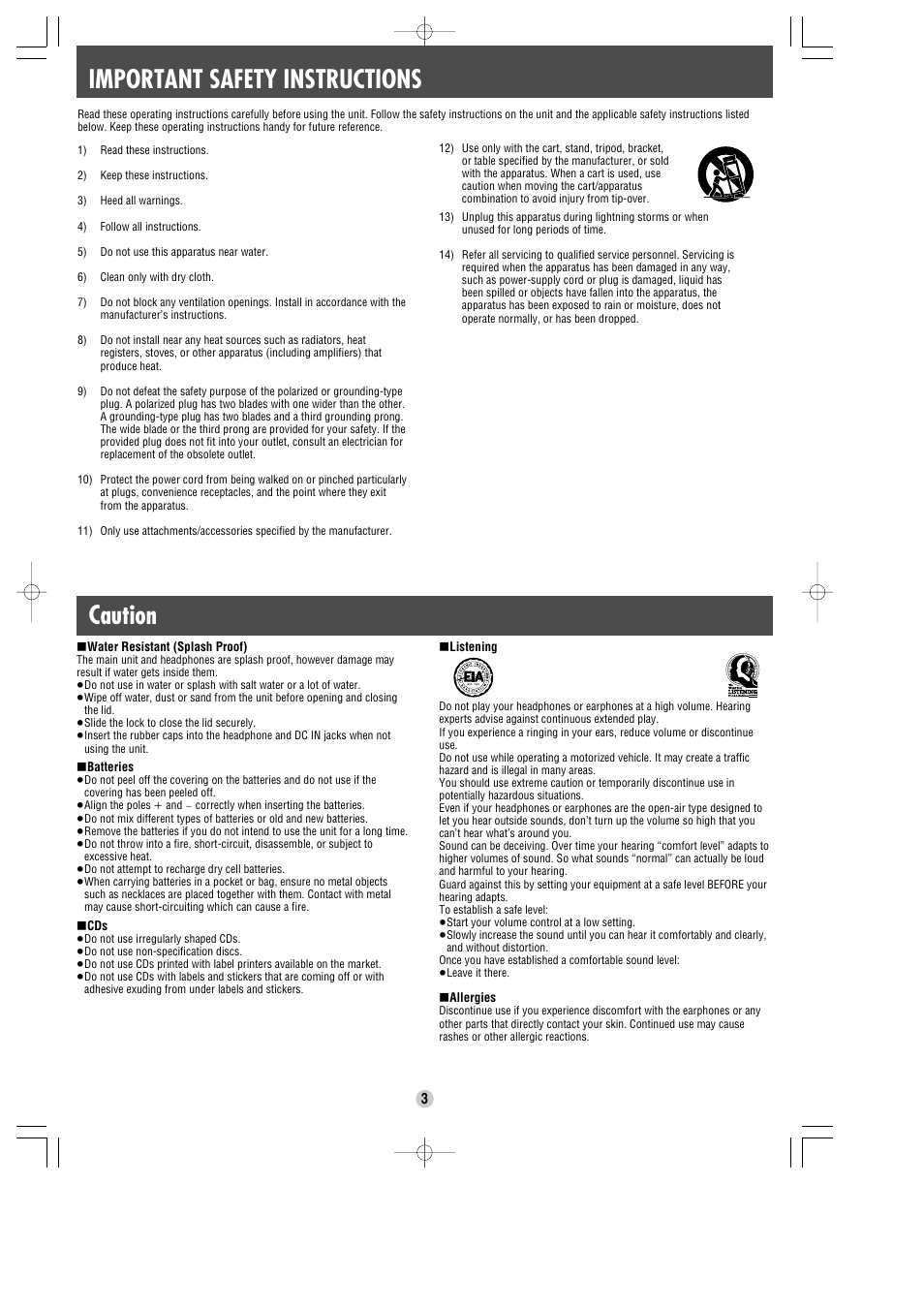 Important safety instructions, Caution | Panasonic SL-SW965V User Manual | Page 3 / 8