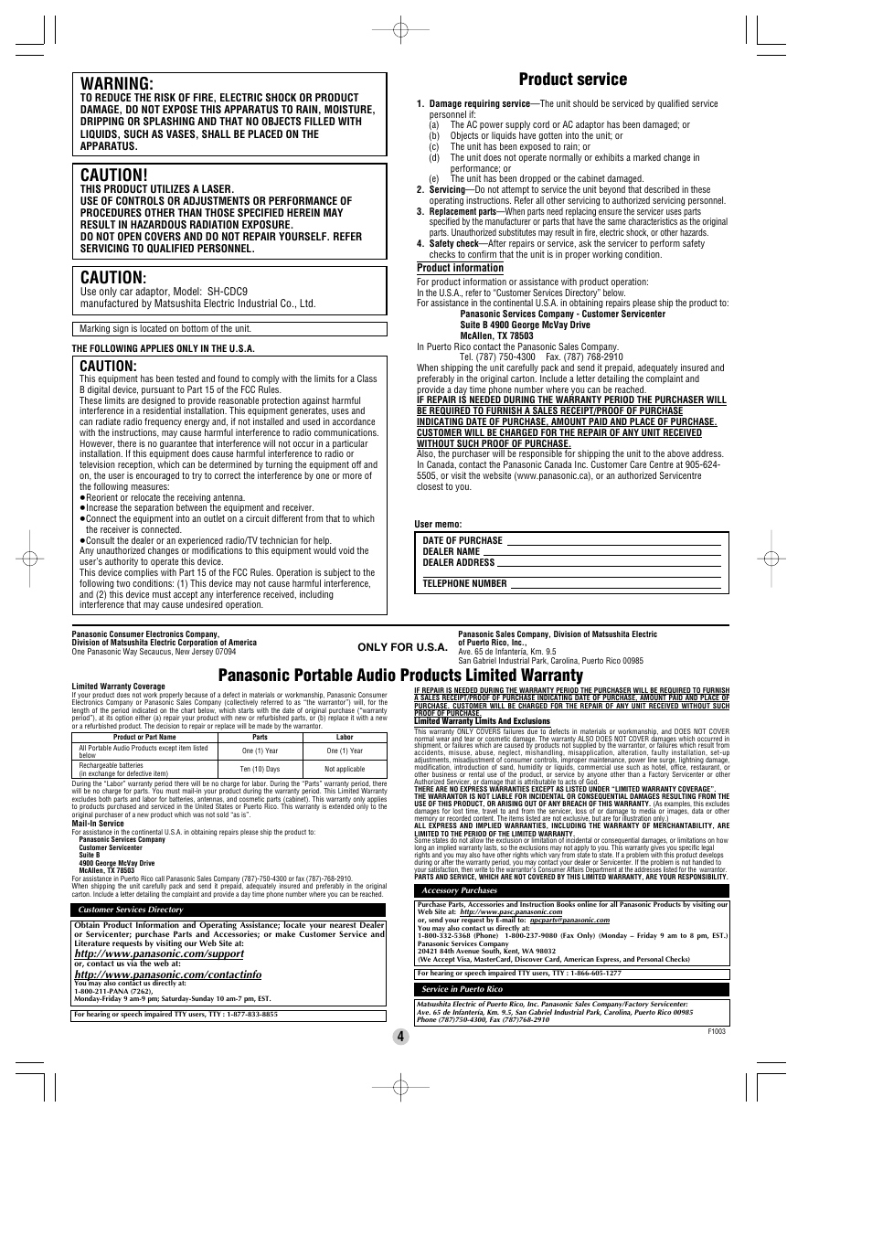 Caution, Warning, Product service | Panasonic portable audio products limited warranty | Panasonic SL-SW965V User Manual | Page 4 / 8