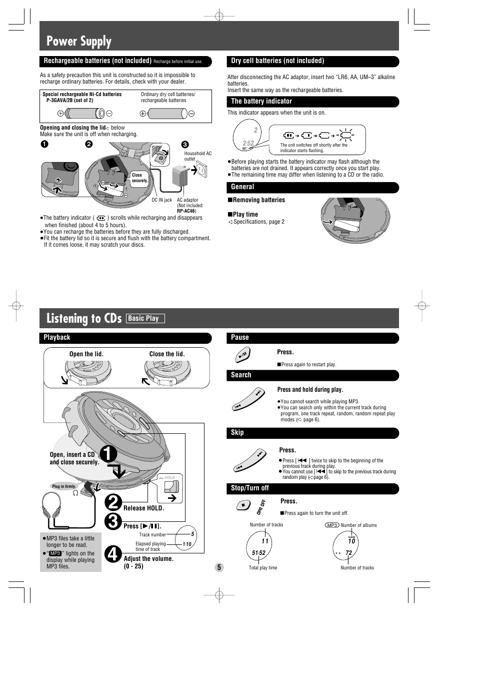 Listening to cds, Power supply | Panasonic SL-SW965V User Manual | Page 5 / 8