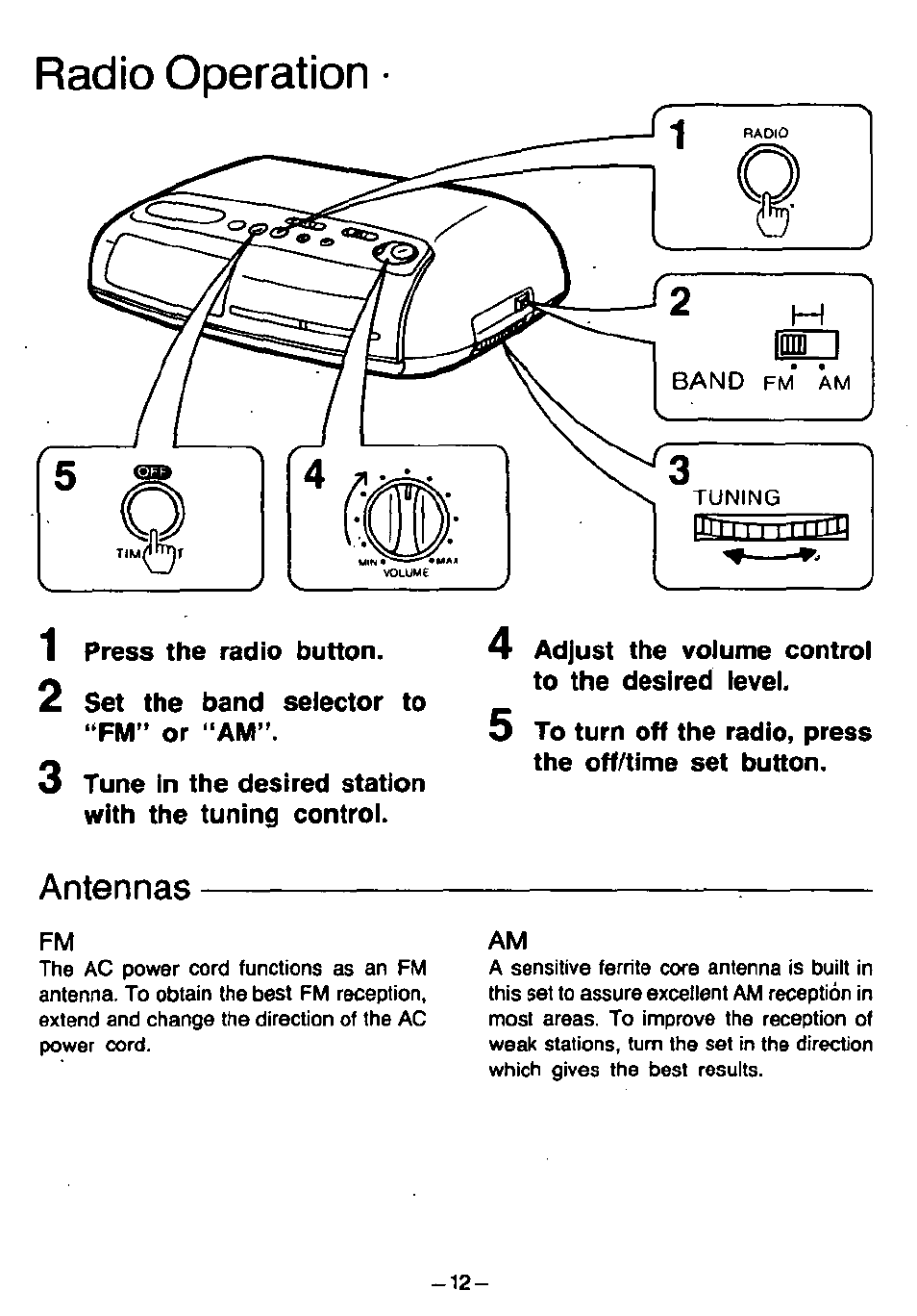 1 press the radio button, 2 set the band selector to “fm” or “am, 4 adjust the volume control to the desired level | Radio operation | Panasonic RC6088 User Manual | Page 12 / 20