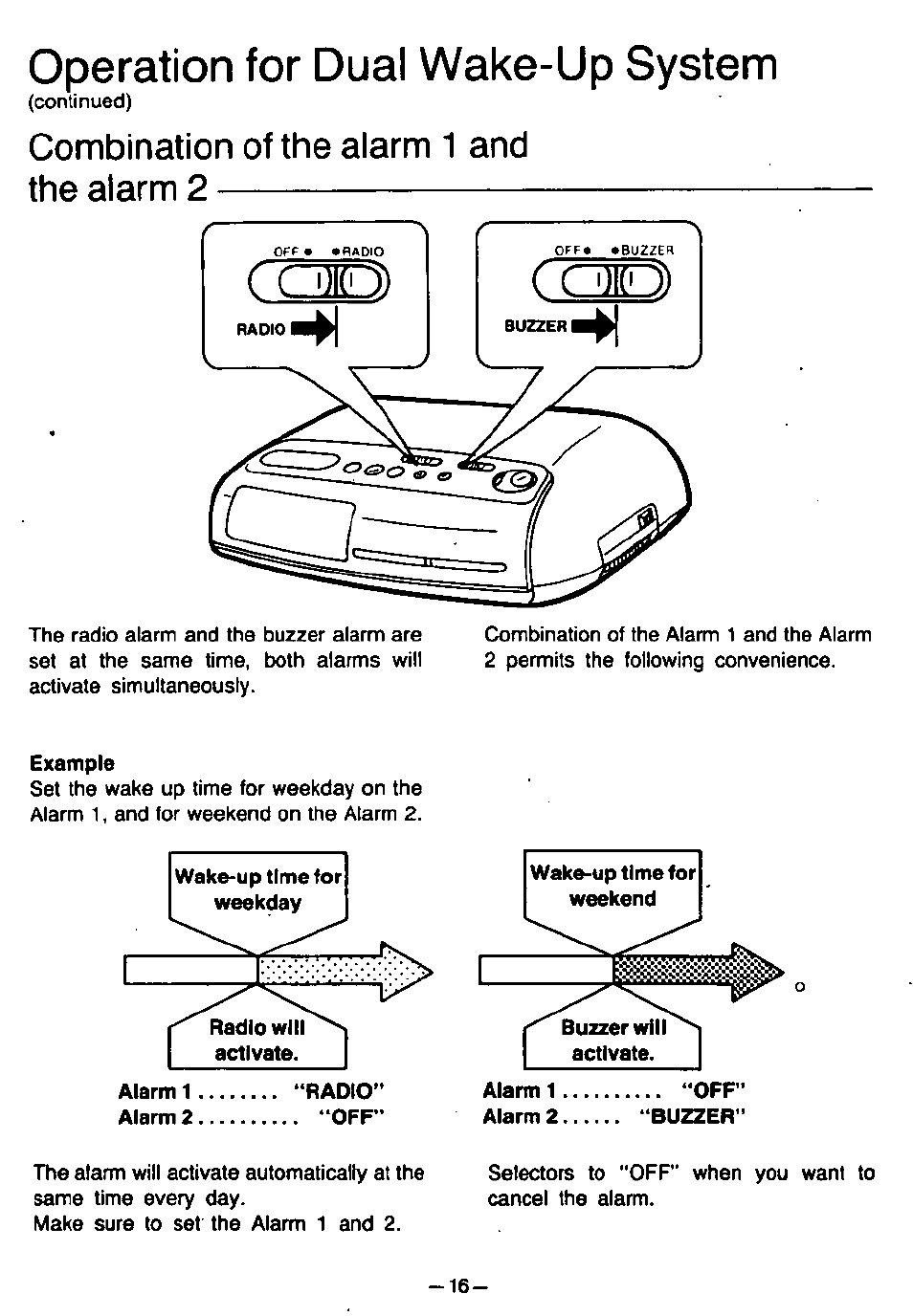 Operation for dual wake-up system, Combination of the alarm 1 and the alarm 2 | Panasonic RC6088 User Manual | Page 16 / 20