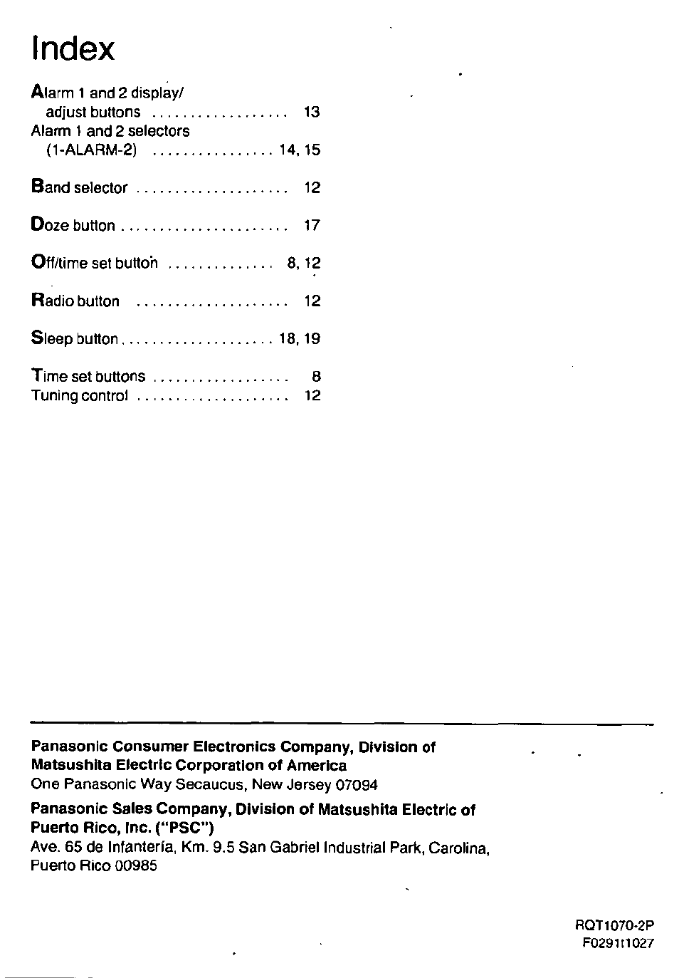 Index | Panasonic RC6088 User Manual | Page 20 / 20