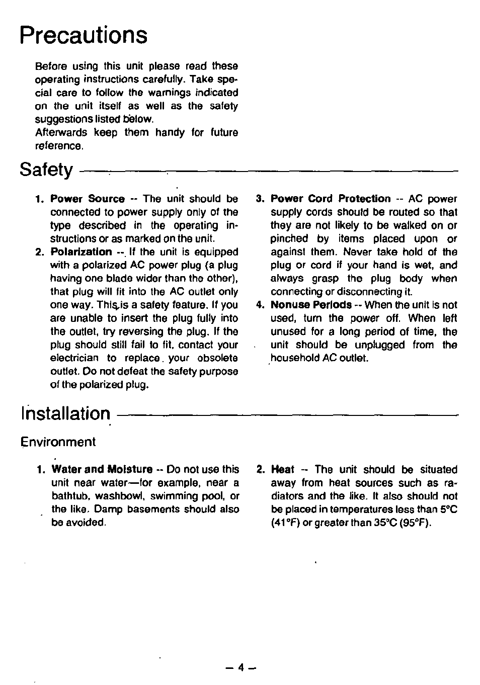 Precautions, Safety, Installation | Environment | Panasonic RC6088 User Manual | Page 4 / 20