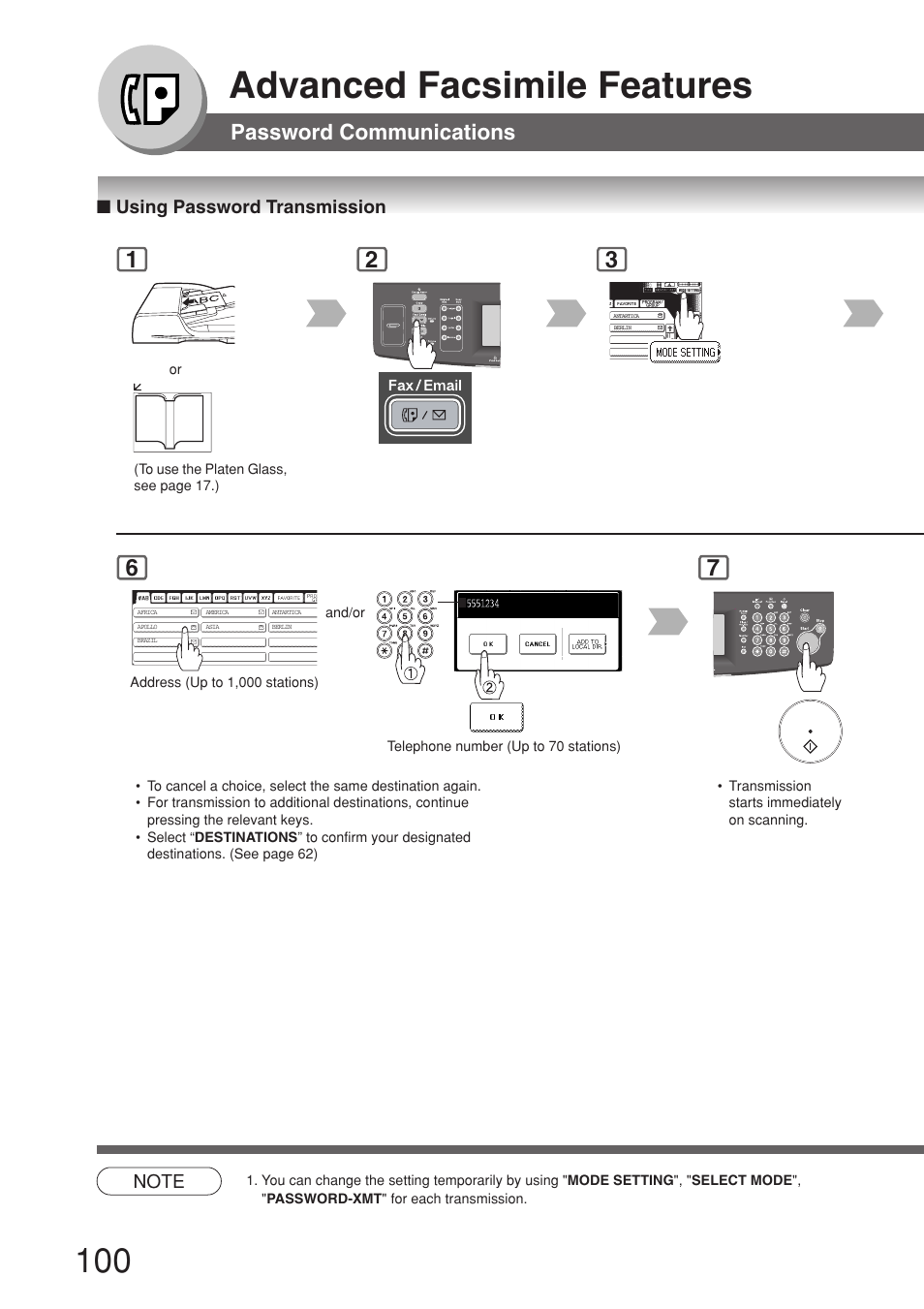 Using password transmission, Advanced facsimile features, Password communications | Panasonic 8045 User Manual | Page 100 / 196
