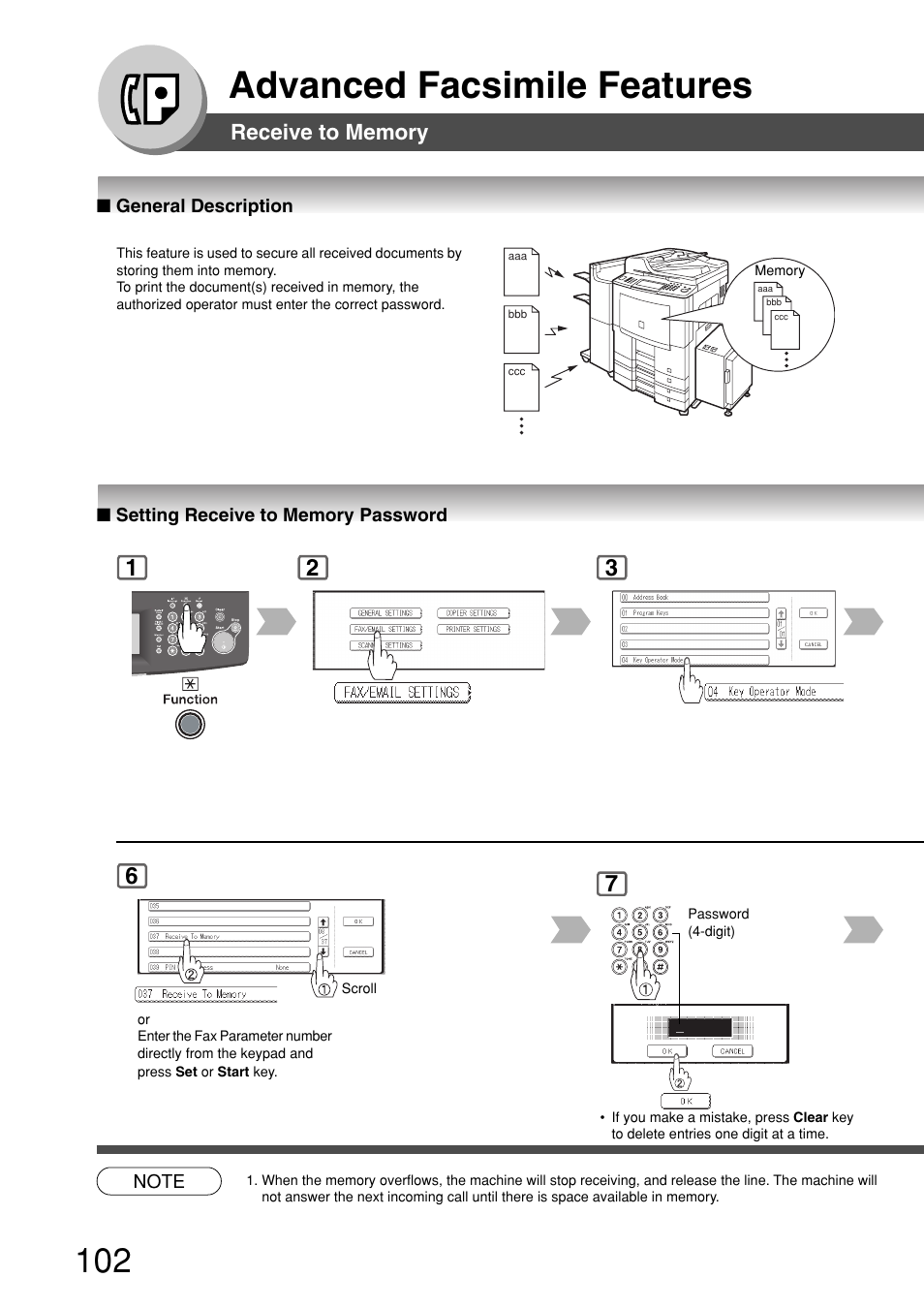 Receive to memory, General description, Setting receive to memory password | Advanced facsimile features | Panasonic 8045 User Manual | Page 102 / 196