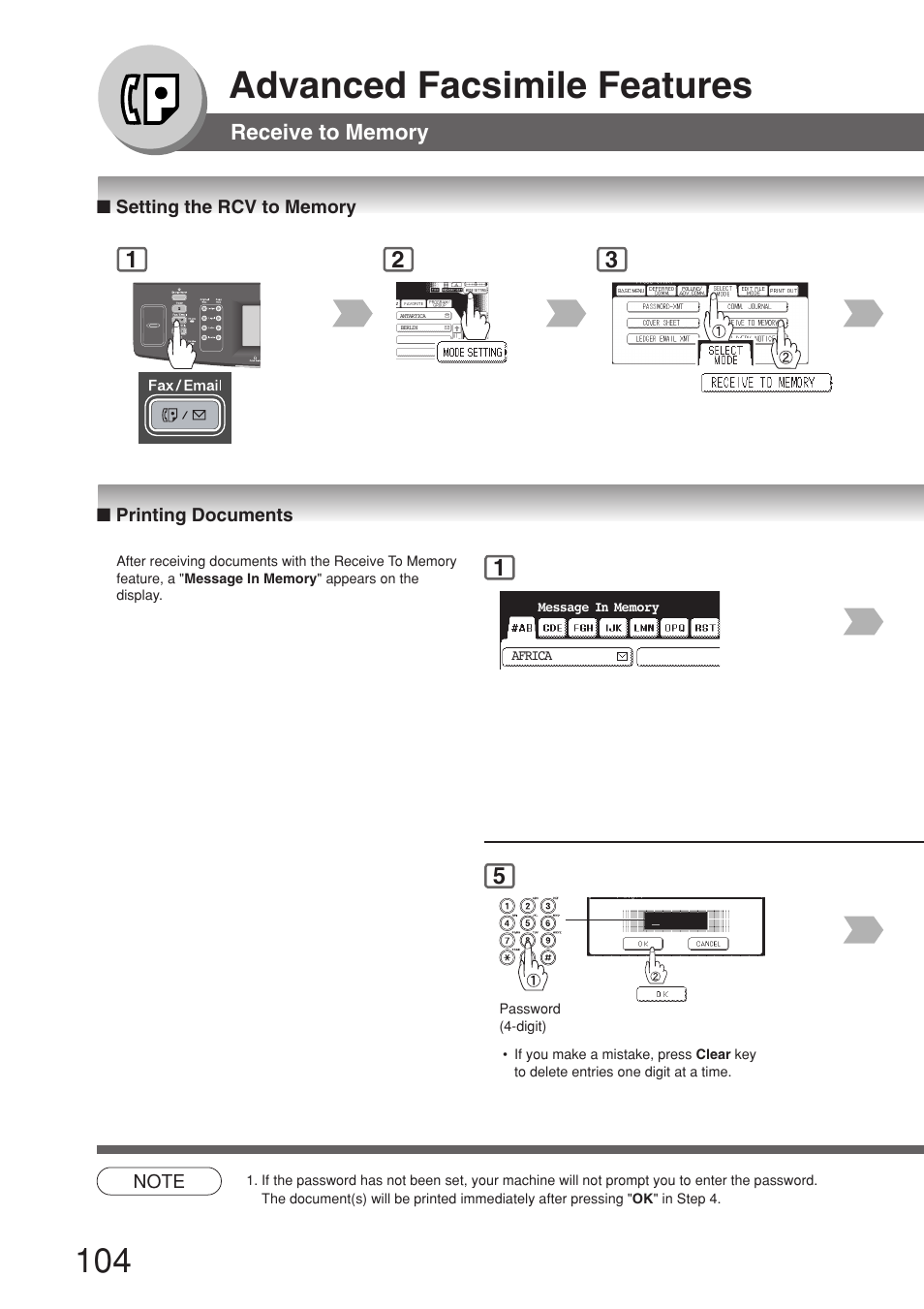 Setting the rcv to memory, Printing documents, Advanced facsimile features | Panasonic 8045 User Manual | Page 104 / 196