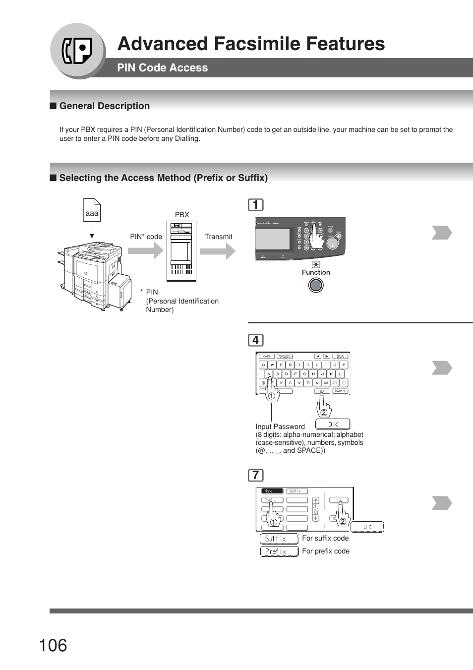 Pin code access, General description, Selecting the access method (prefix or suffix) | Advanced facsimile features | Panasonic 8045 User Manual | Page 106 / 196