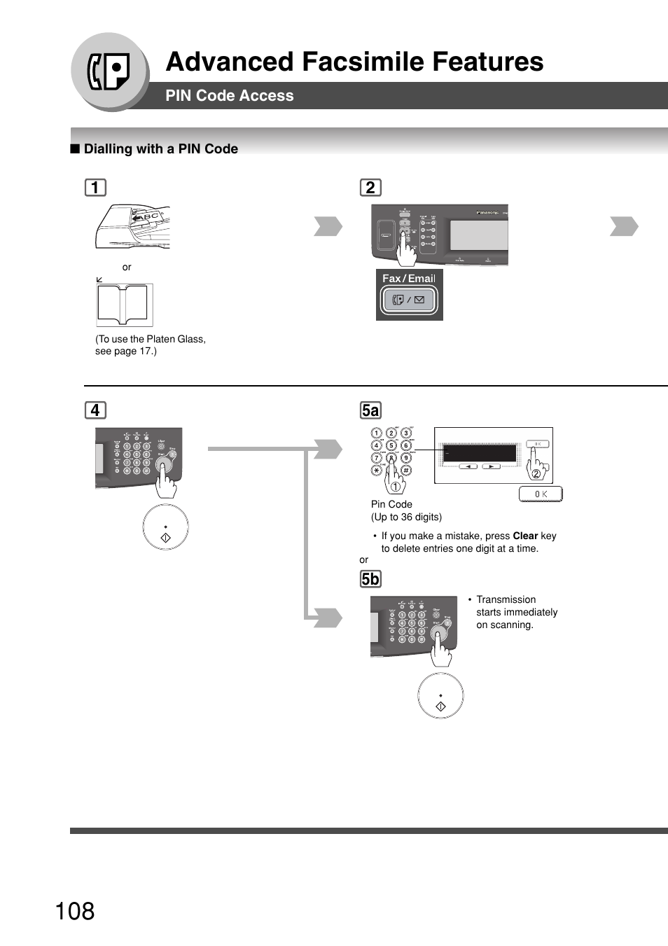 Dialling with a pin code, Advanced facsimile features, 5b 5a | Panasonic 8045 User Manual | Page 108 / 196