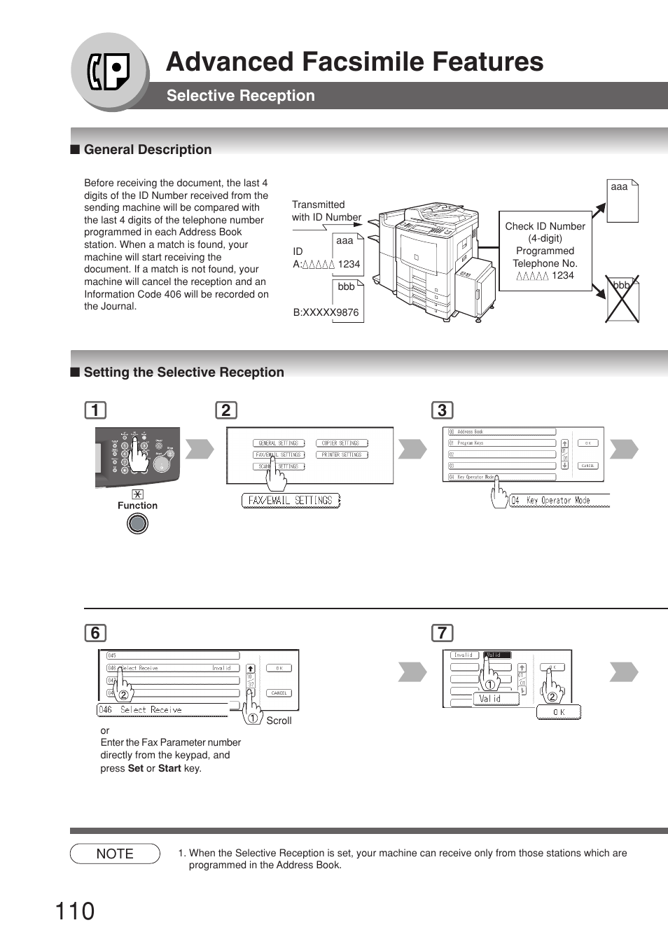 Selective reception, General description, Setting the selective reception | Advanced facsimile features | Panasonic 8045 User Manual | Page 110 / 196