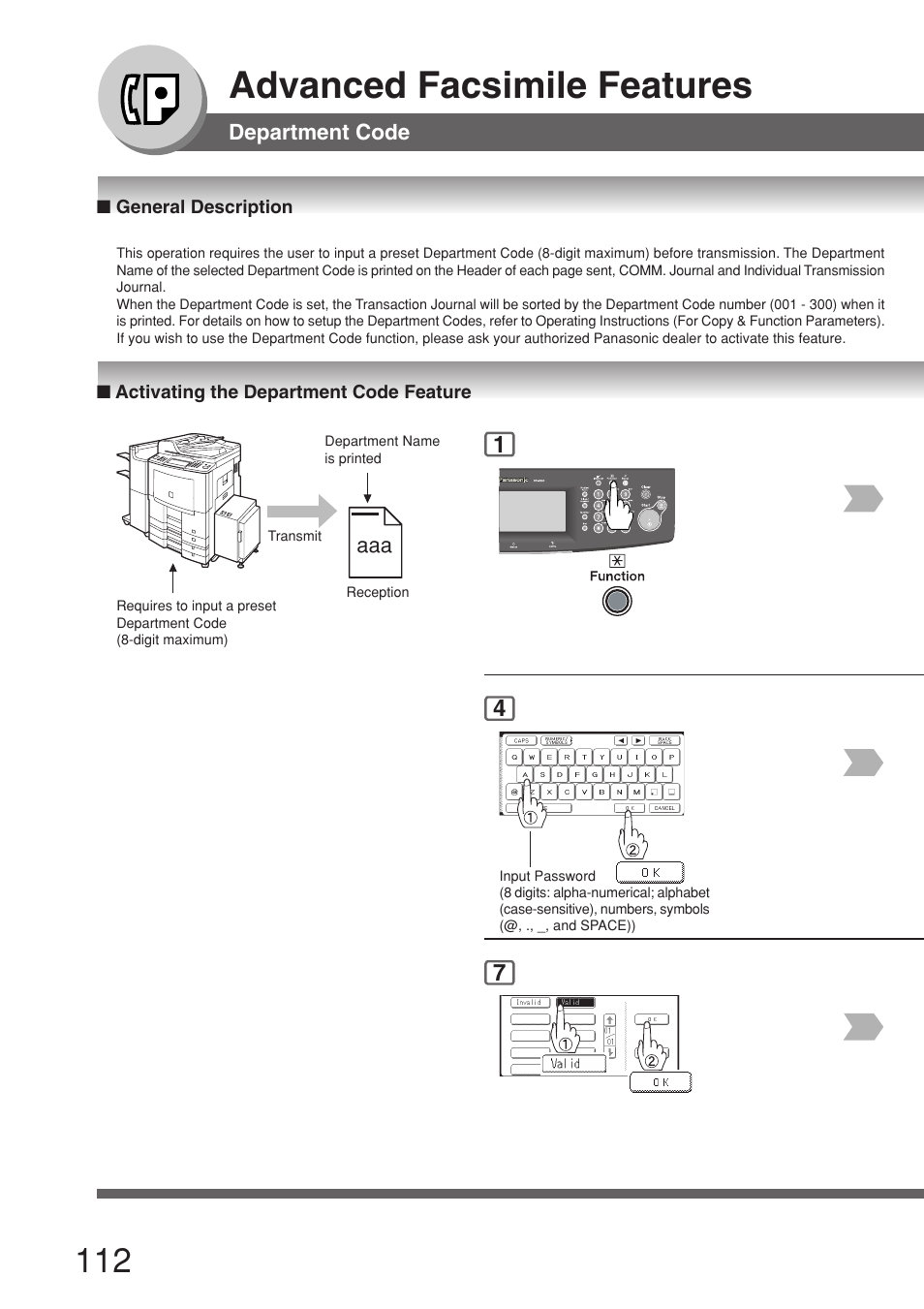 Department code, General description, Activating the department code feature | Advanced facsimile features | Panasonic 8045 User Manual | Page 112 / 196