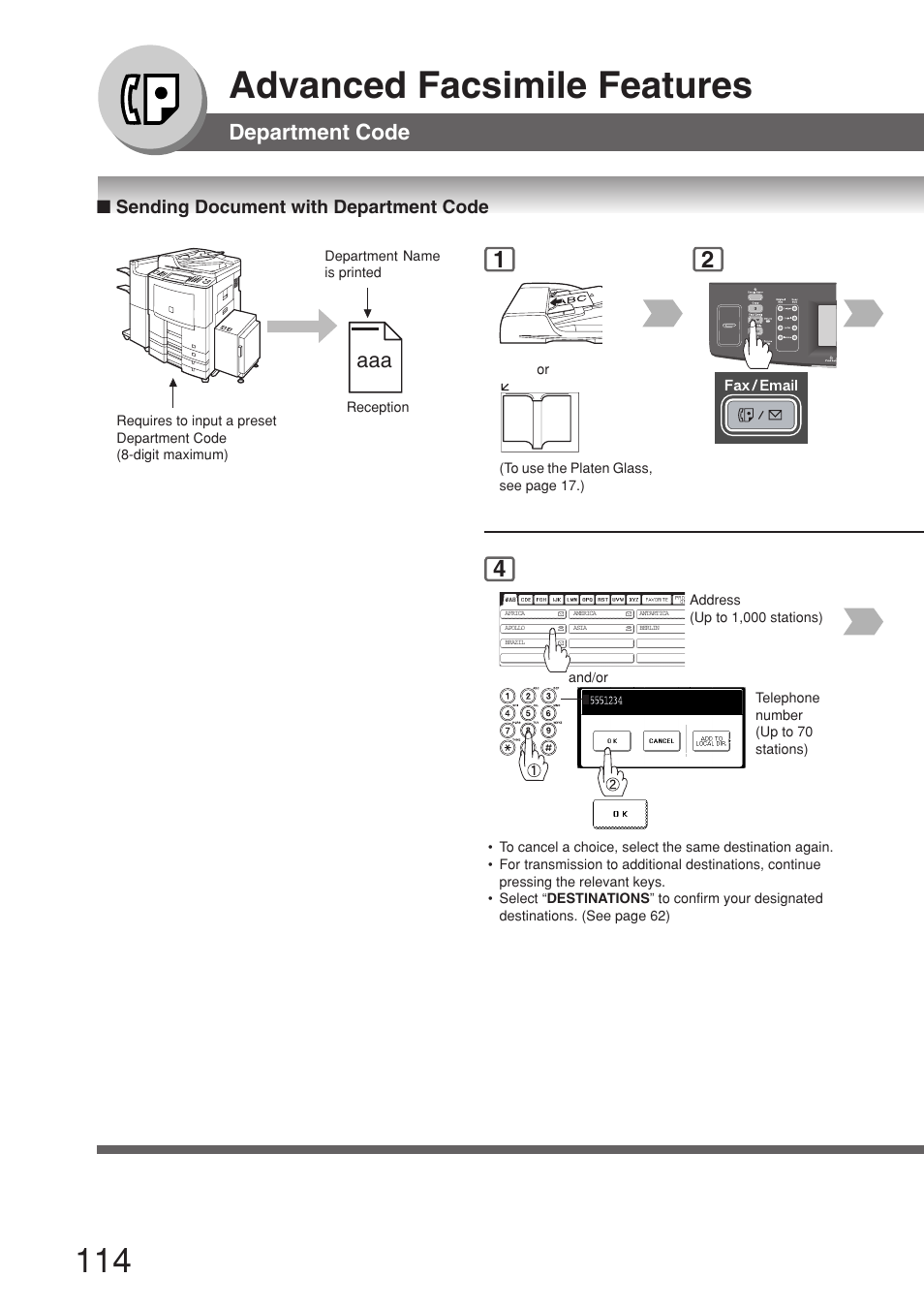 Sending document with department code, Advanced facsimile features, Department code | Panasonic 8045 User Manual | Page 114 / 196