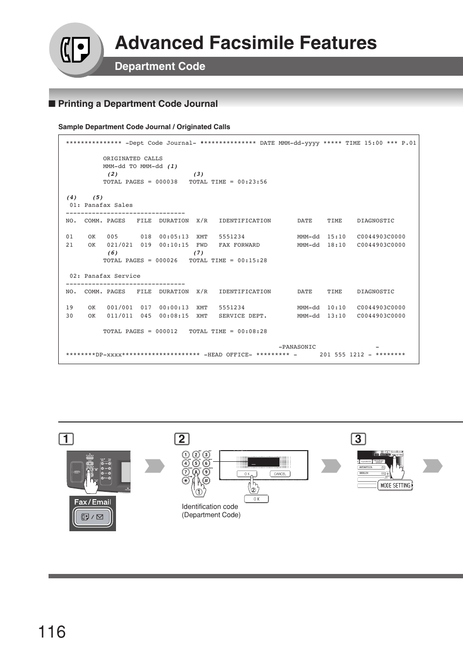 Printing a department code journal, Advanced facsimile features, Department code | Panasonic 8045 User Manual | Page 116 / 196