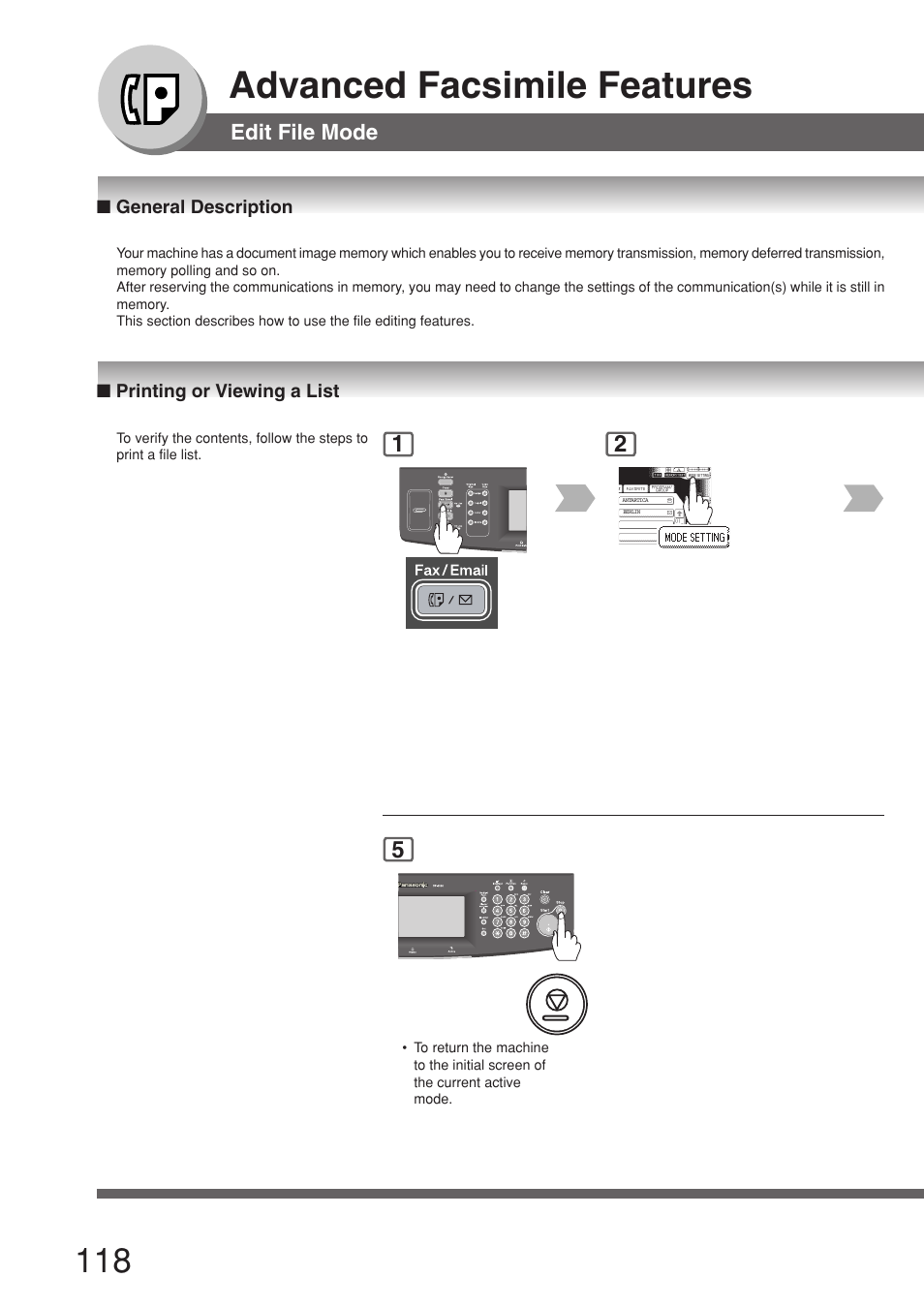 Edit file mode, General description, Printing or viewing a list | Advanced facsimile features | Panasonic 8045 User Manual | Page 118 / 196