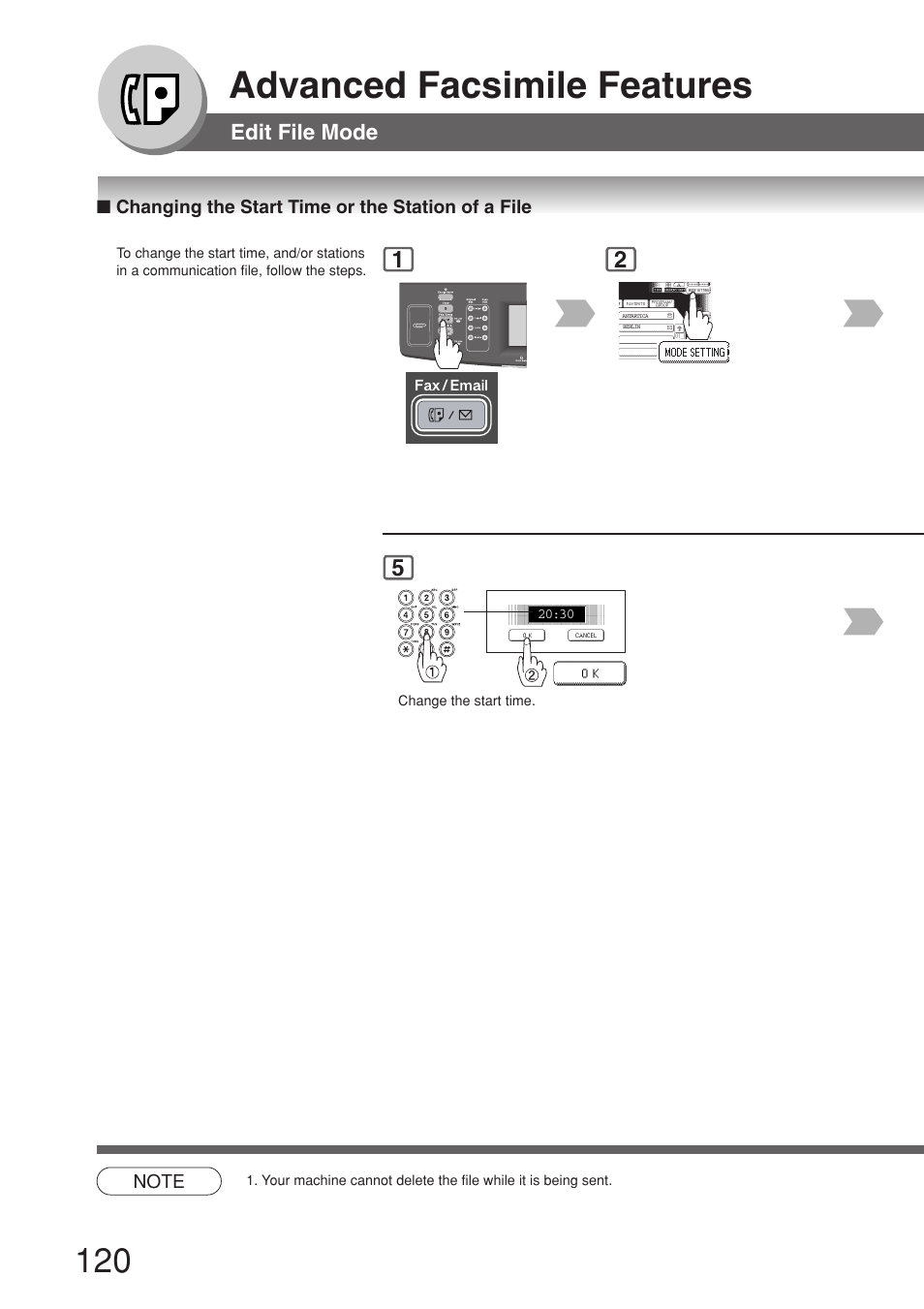 Changing the start time or the station of a file, Advanced facsimile features | Panasonic 8045 User Manual | Page 120 / 196