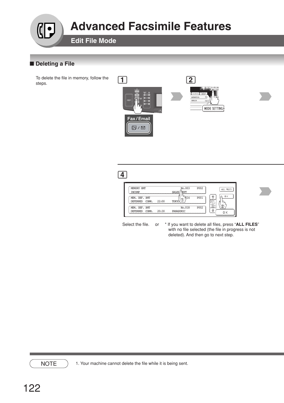 Deleting a file, Advanced facsimile features, Edit file mode | Panasonic 8045 User Manual | Page 122 / 196