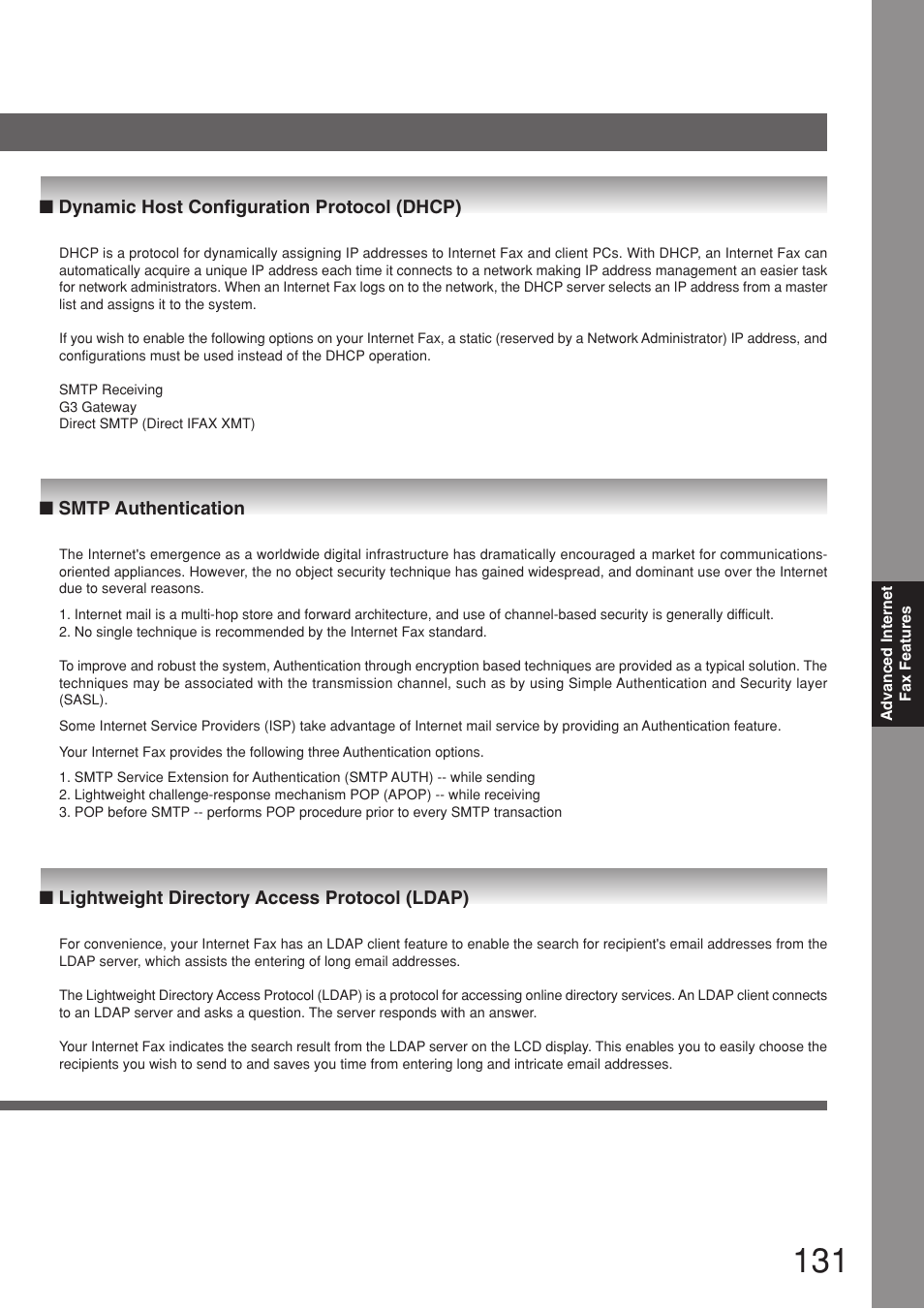 Dynamic host configuration protocol (dhcp), Smtp authentication, Lightweight directory access protocol (ldap) | Panasonic 8045 User Manual | Page 131 / 196