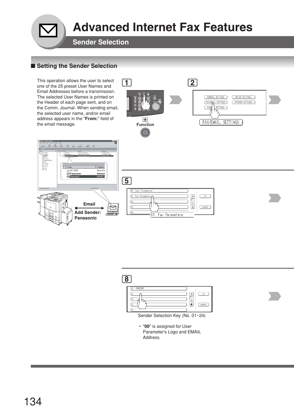 Sender selection, Setting the sender selection, Advanced internet fax features | Panasonic 8045 User Manual | Page 134 / 196