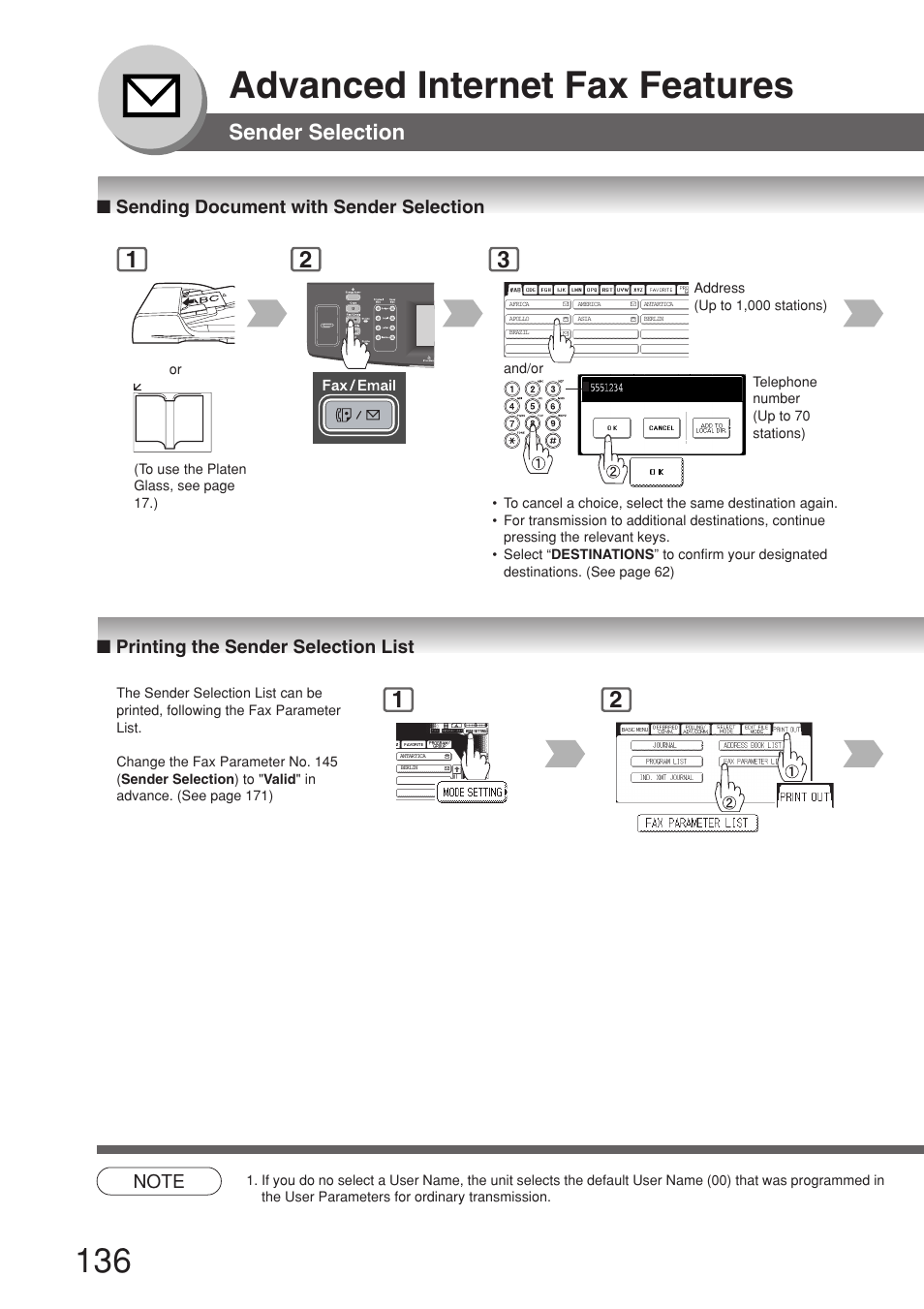 Sending document with sender selection, Printing the sender selection list, Advanced internet fax features | Sender selection | Panasonic 8045 User Manual | Page 136 / 196