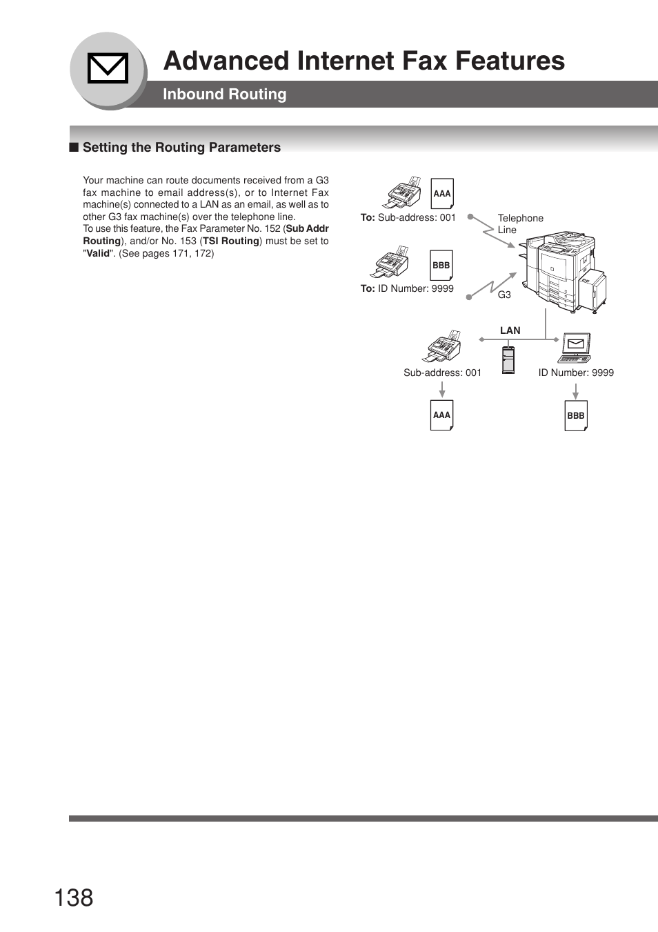 Inbound routing, Setting the routing parameters, Advanced internet fax features | Panasonic 8045 User Manual | Page 138 / 196