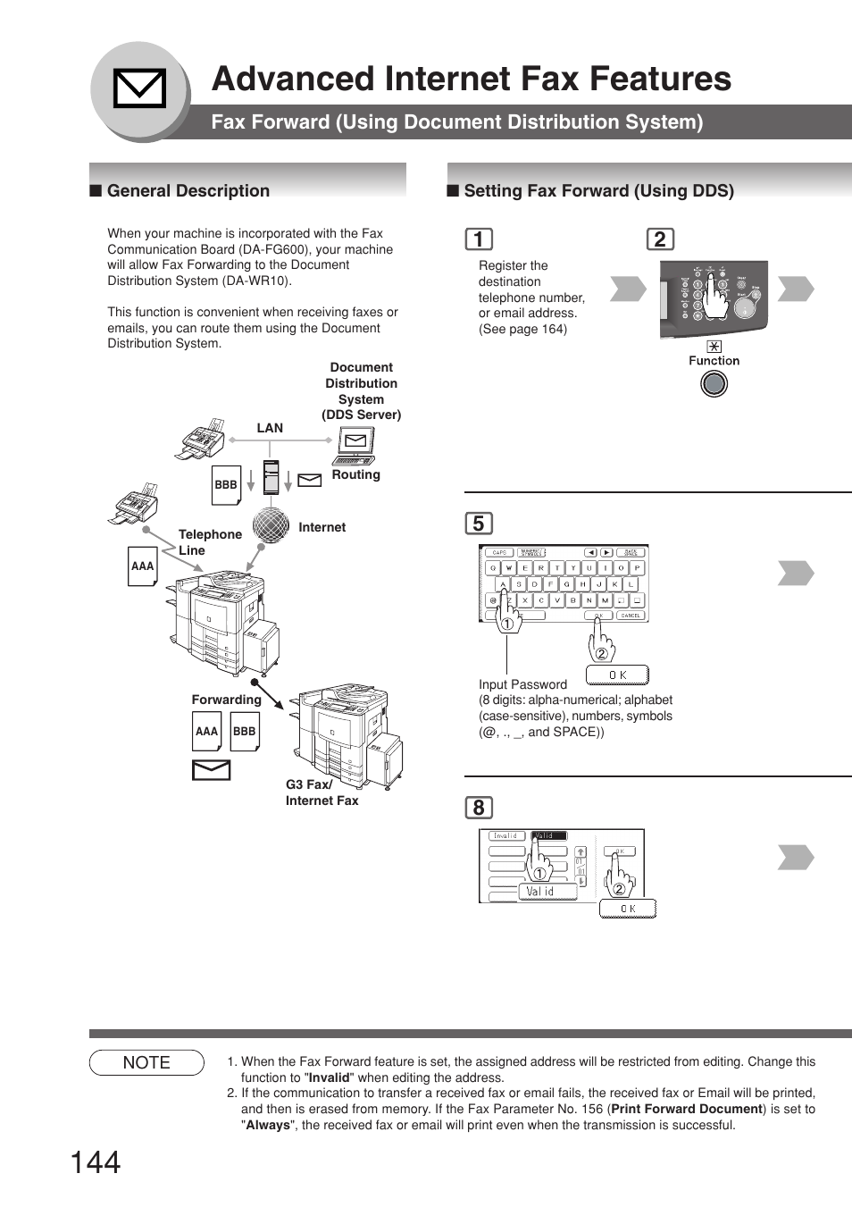 Fax forward (using document distribution system), General description, Setting fax forward (using dds) | Advanced internet fax features | Panasonic 8045 User Manual | Page 144 / 196