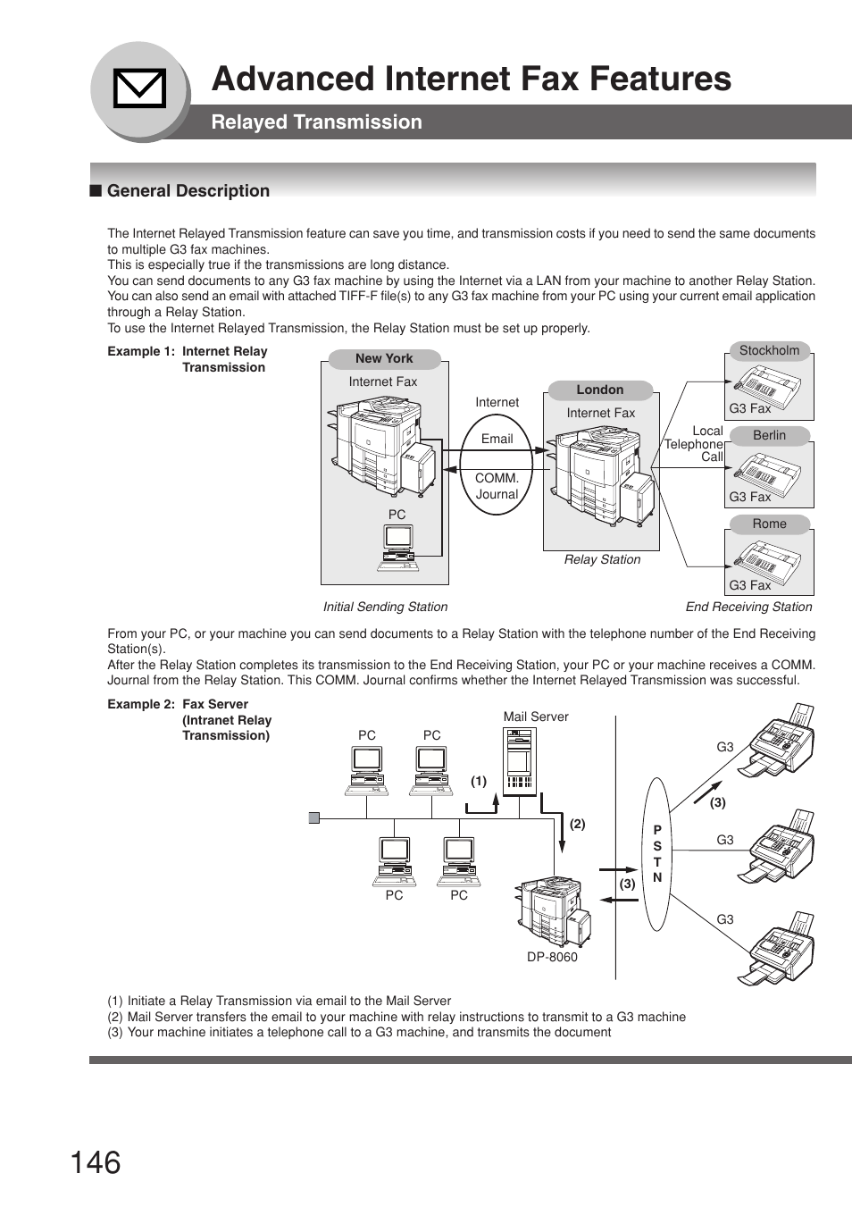 Relayed transmission, General description, Advanced internet fax features | Panasonic 8045 User Manual | Page 146 / 196