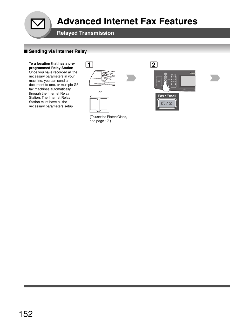Sending via internet relay, Advanced internet fax features | Panasonic 8045 User Manual | Page 152 / 196