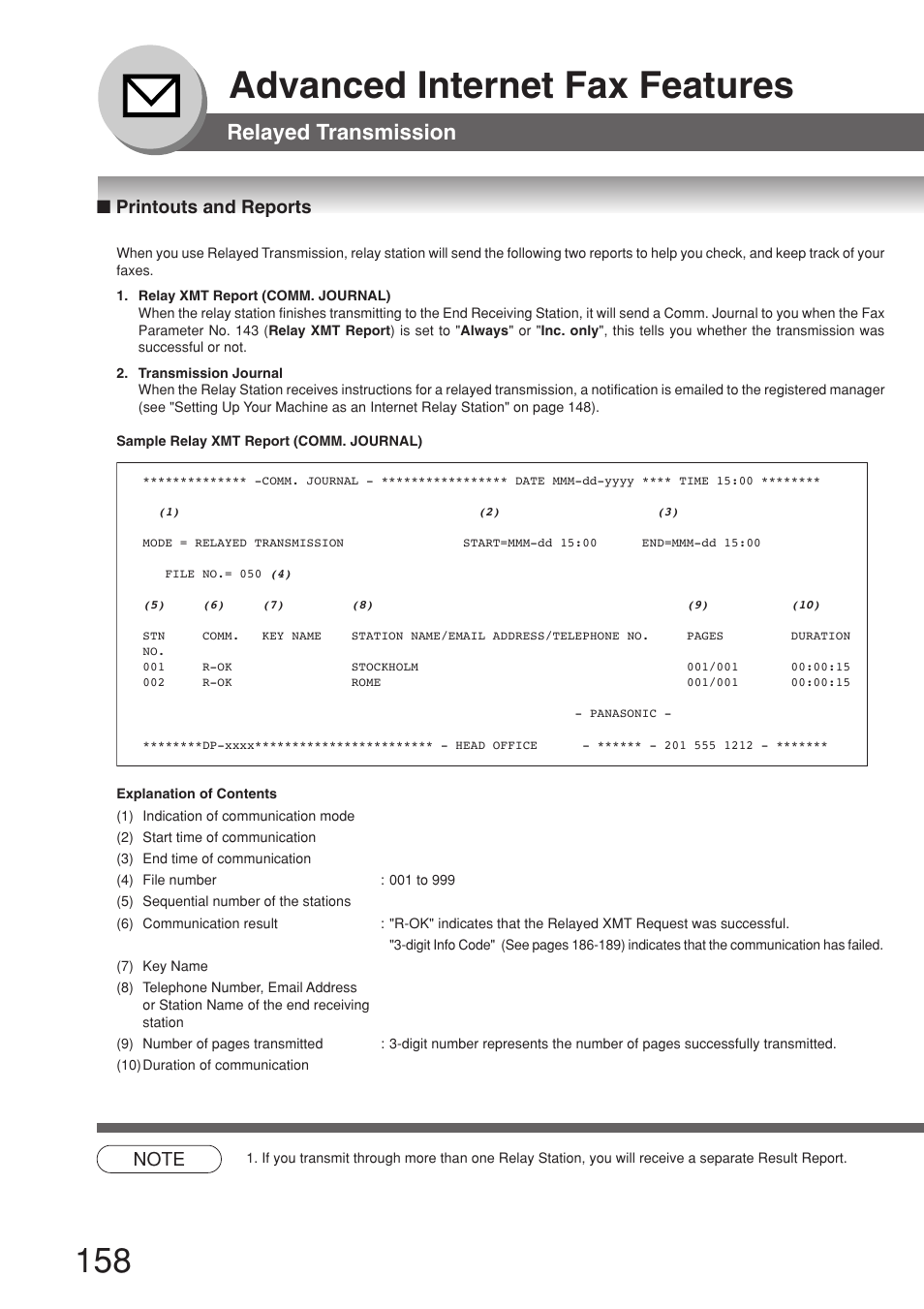 Printouts and reports, Advanced internet fax features, Relayed transmission | Panasonic 8045 User Manual | Page 158 / 196