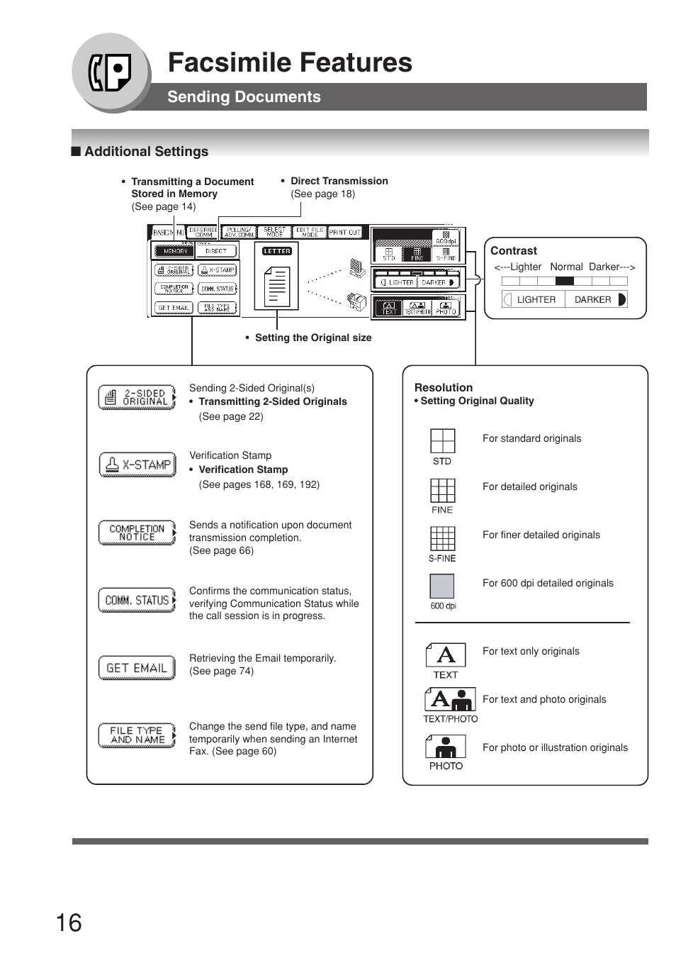 Additional settings, Facsimile features, Sending documents | Panasonic 8045 User Manual | Page 16 / 196