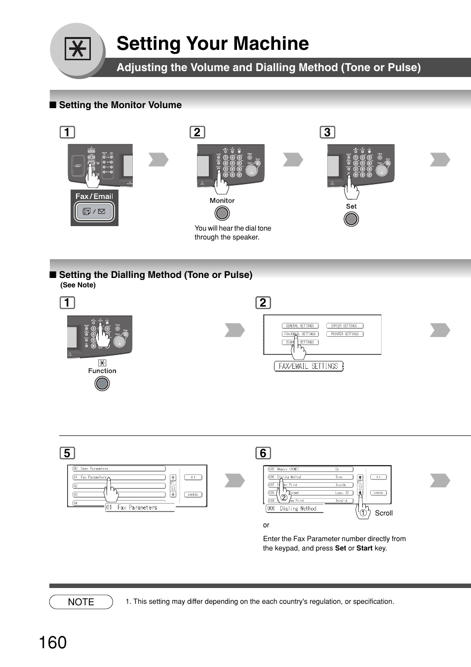 Setting your machine, Setting the monitor volume, Setting the dialling method (tone or pulse) | Panasonic 8045 User Manual | Page 160 / 196