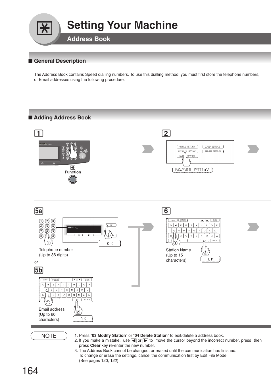 Address book, General description, Adding address book | Setting your machine, 12 5a 5b | Panasonic 8045 User Manual | Page 164 / 196